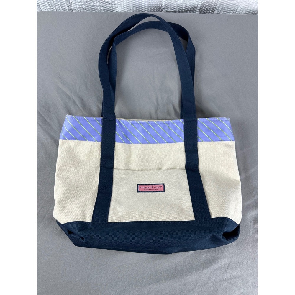 Vineyard Vines Canvas Classic‎ Tote Bag Fish Line Stripe Purple Plum Zip Top
